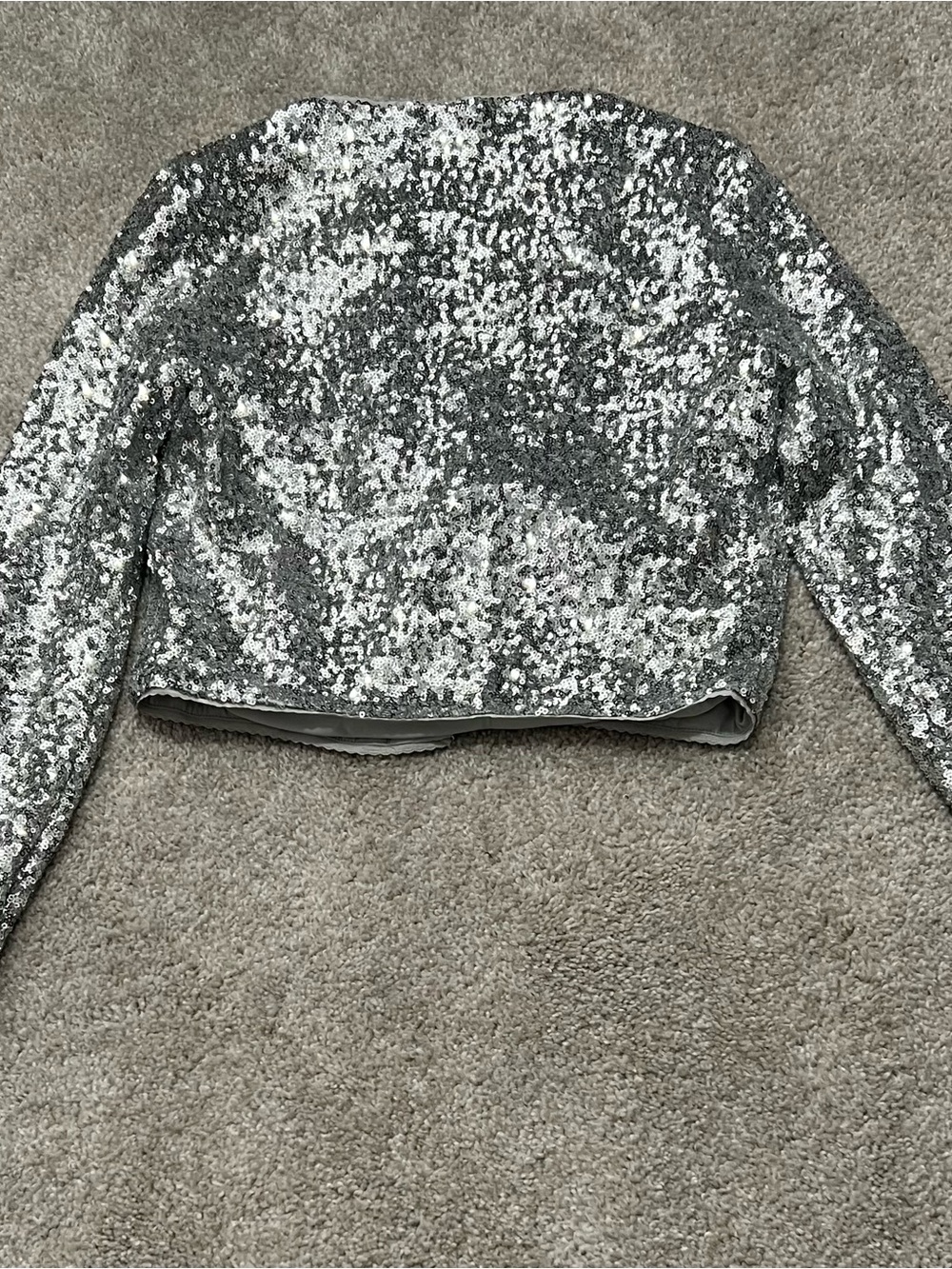 Good American Silver Sequin Cropped Long-Sleeve Top